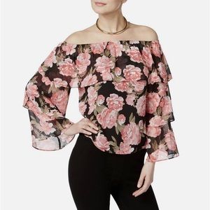 INC Women’s Wonderful Flora Black Tiered Floral Long Sleeve Off Shoulder Top